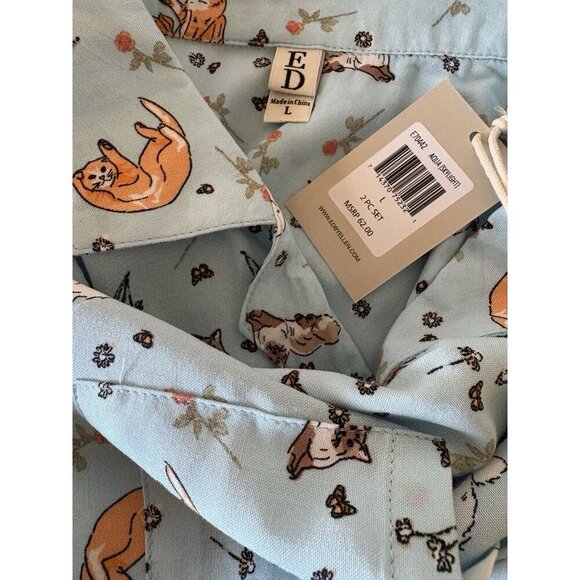 Ed Ellen Degeneres L Cat Floral Print Button Short Sleeve Top-Ankle Pants PJ Set - Picture 10 of 11